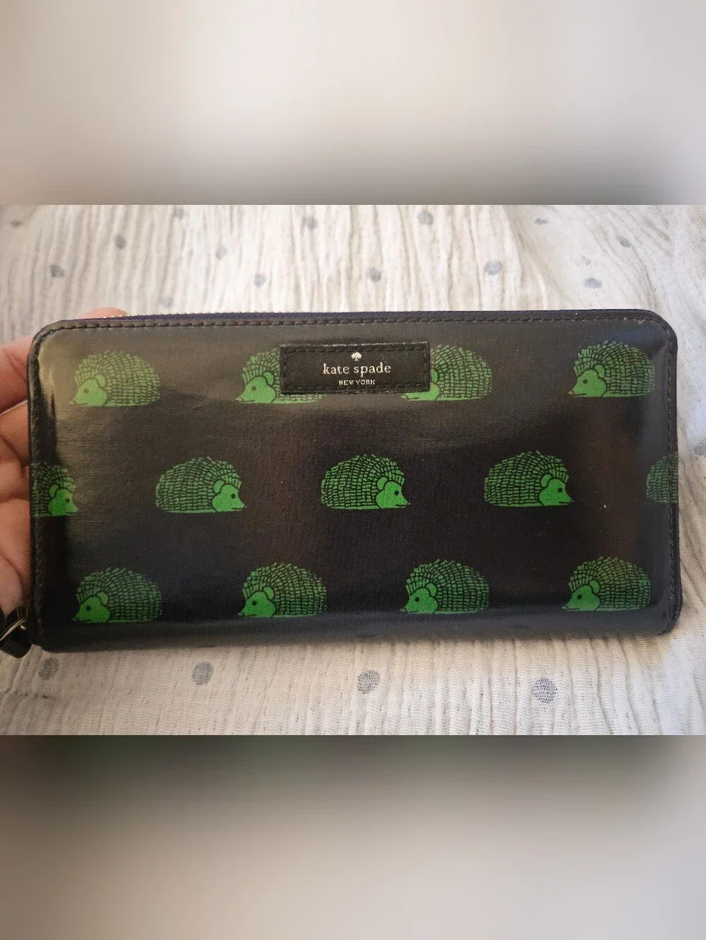 Kate Spade Black Checkbook Wallet with Green Hedgehog Print